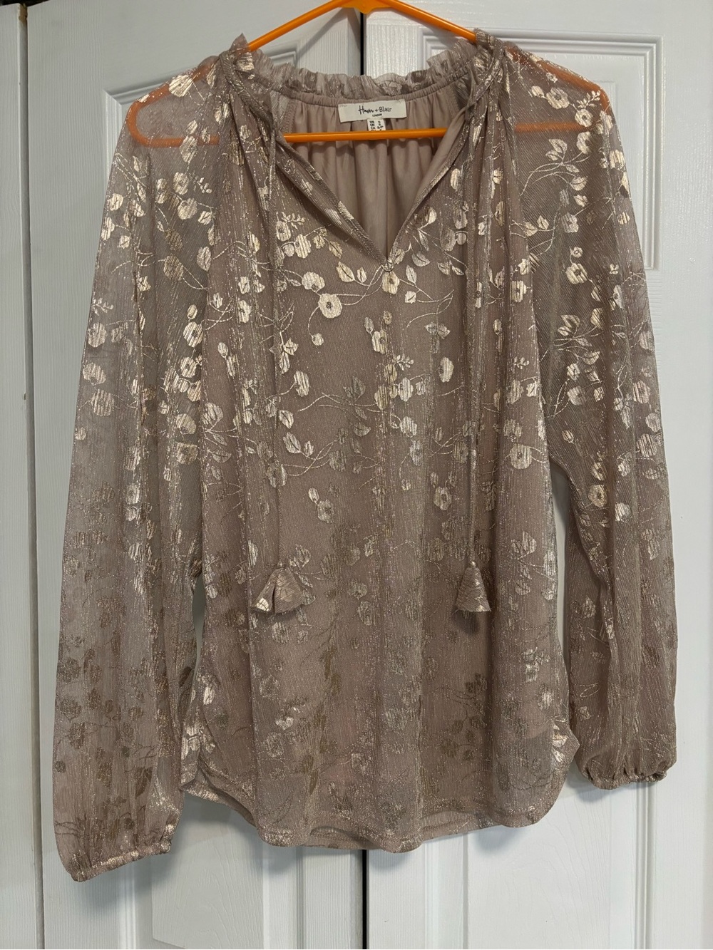 Haver & blair Metallic Taupe Floral Tie-Neck Blouse NWOT